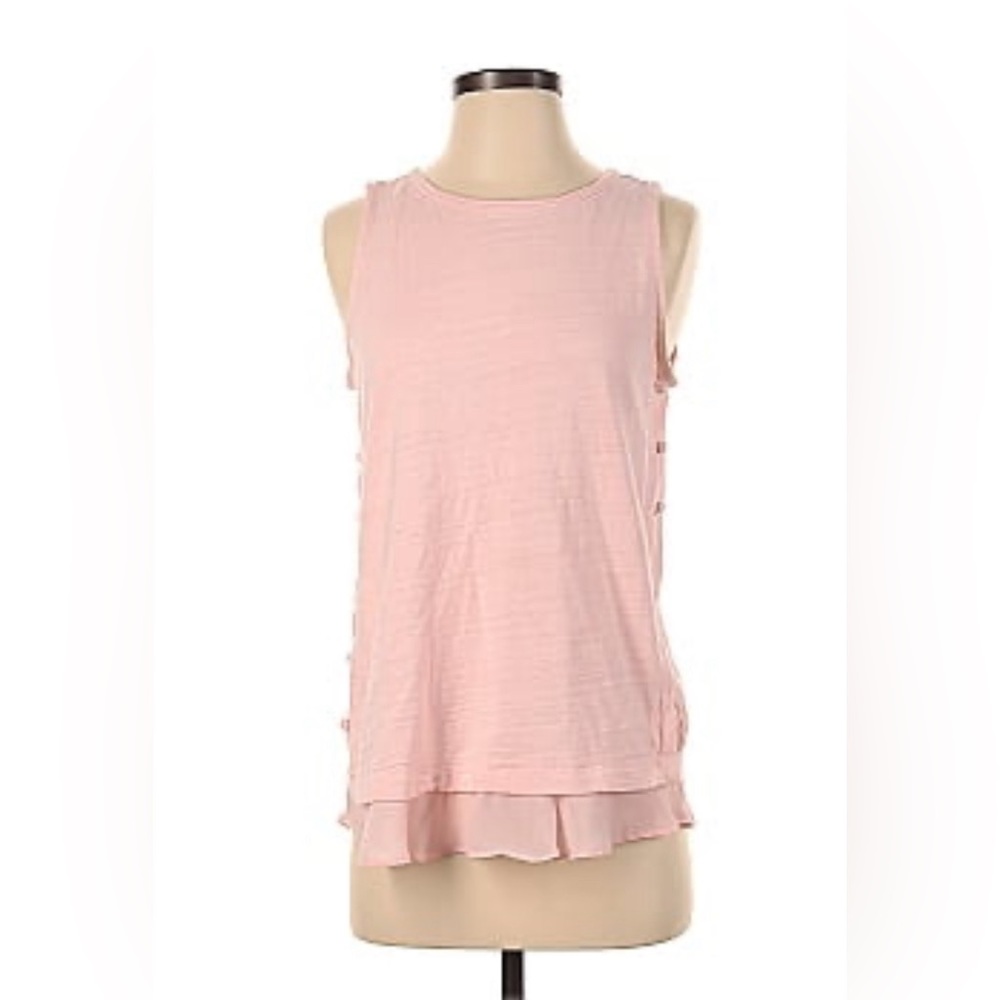 LOFT Ballet Pink Sleeveless Tricot Top crew neck chiffon buttons sz Small